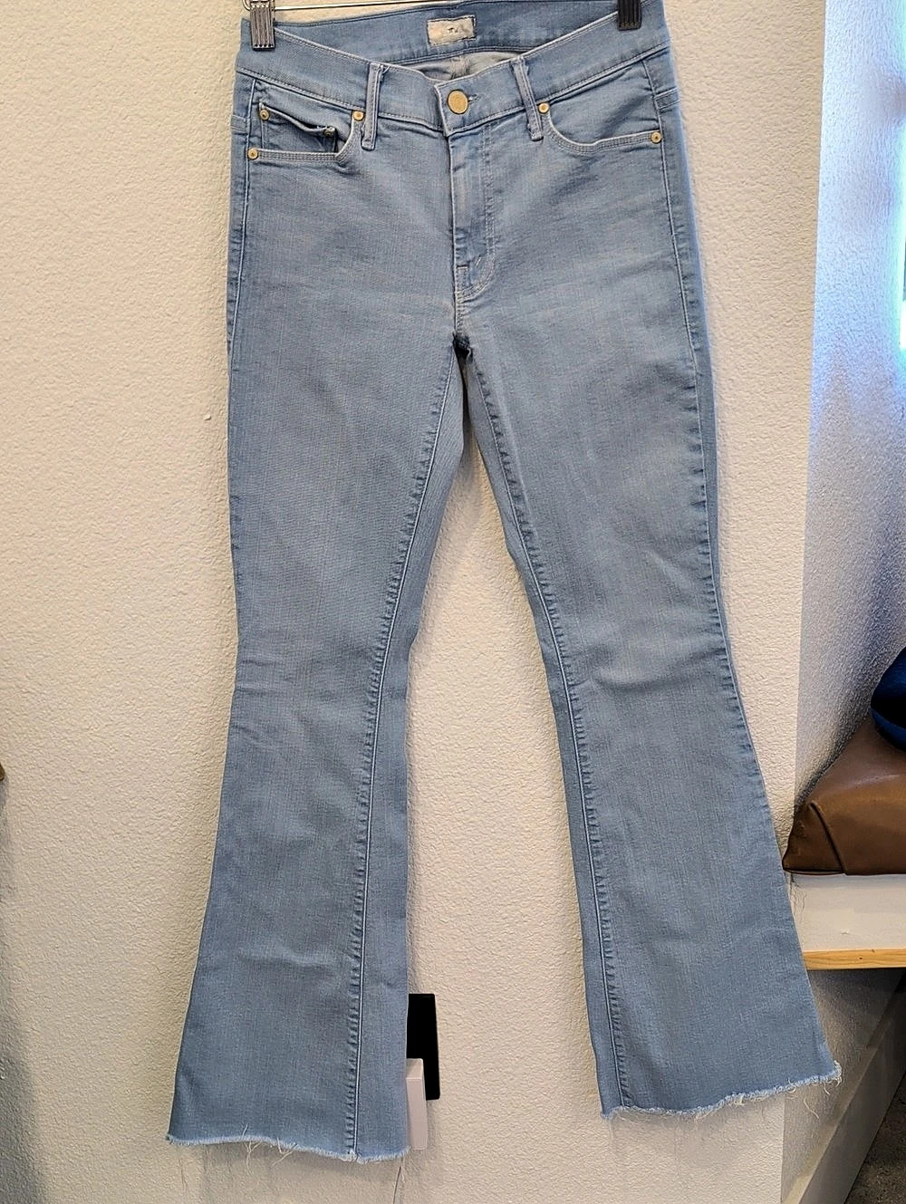 MOTHER The Cruiser Raw Hem Flare Jeans in Blue Waist 26